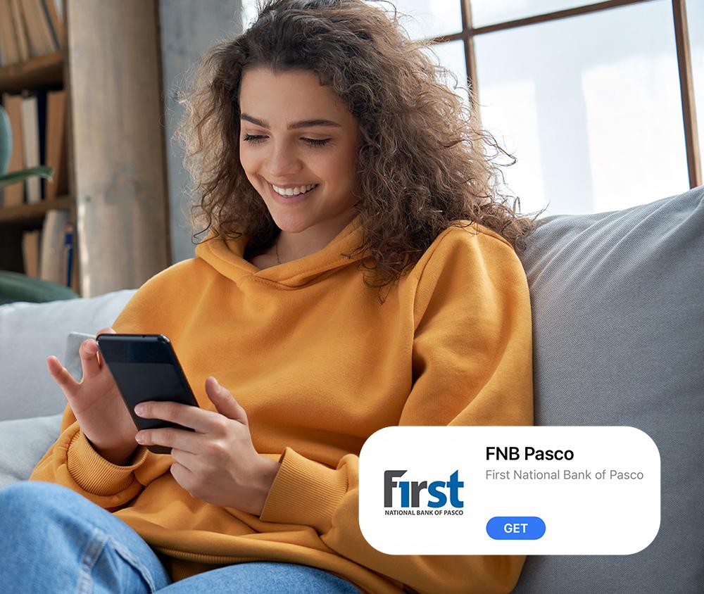 Woman smiling using mobile app